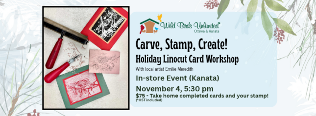 Bird-inspired holiday card linocut printing workshop with Emilie Meredith